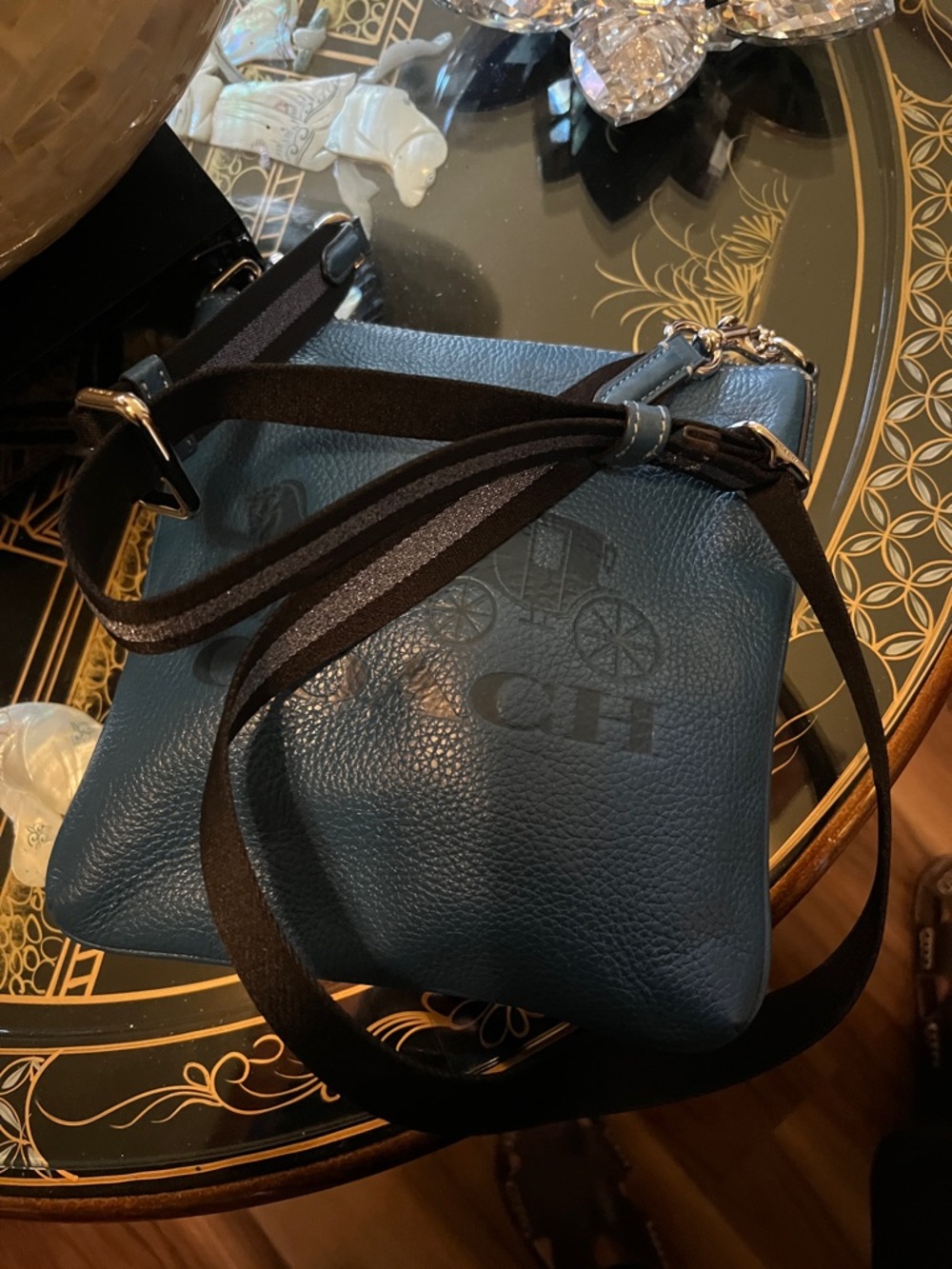 Coach Teal Pebbled Leather Crossbody Bag with Black Strap